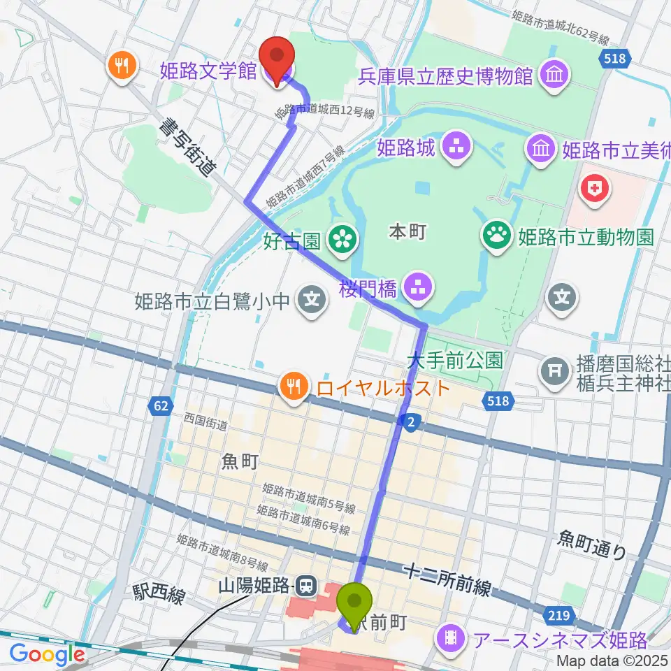 姫路文学館の最寄駅姫路駅からの徒歩ルート（約26分）地図