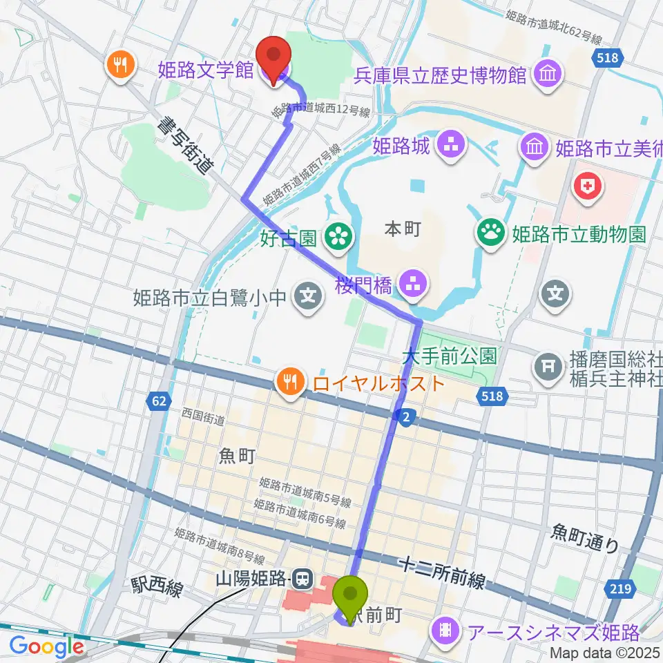 姫路文学館の最寄駅姫路駅からの徒歩ルート（約26分）地図