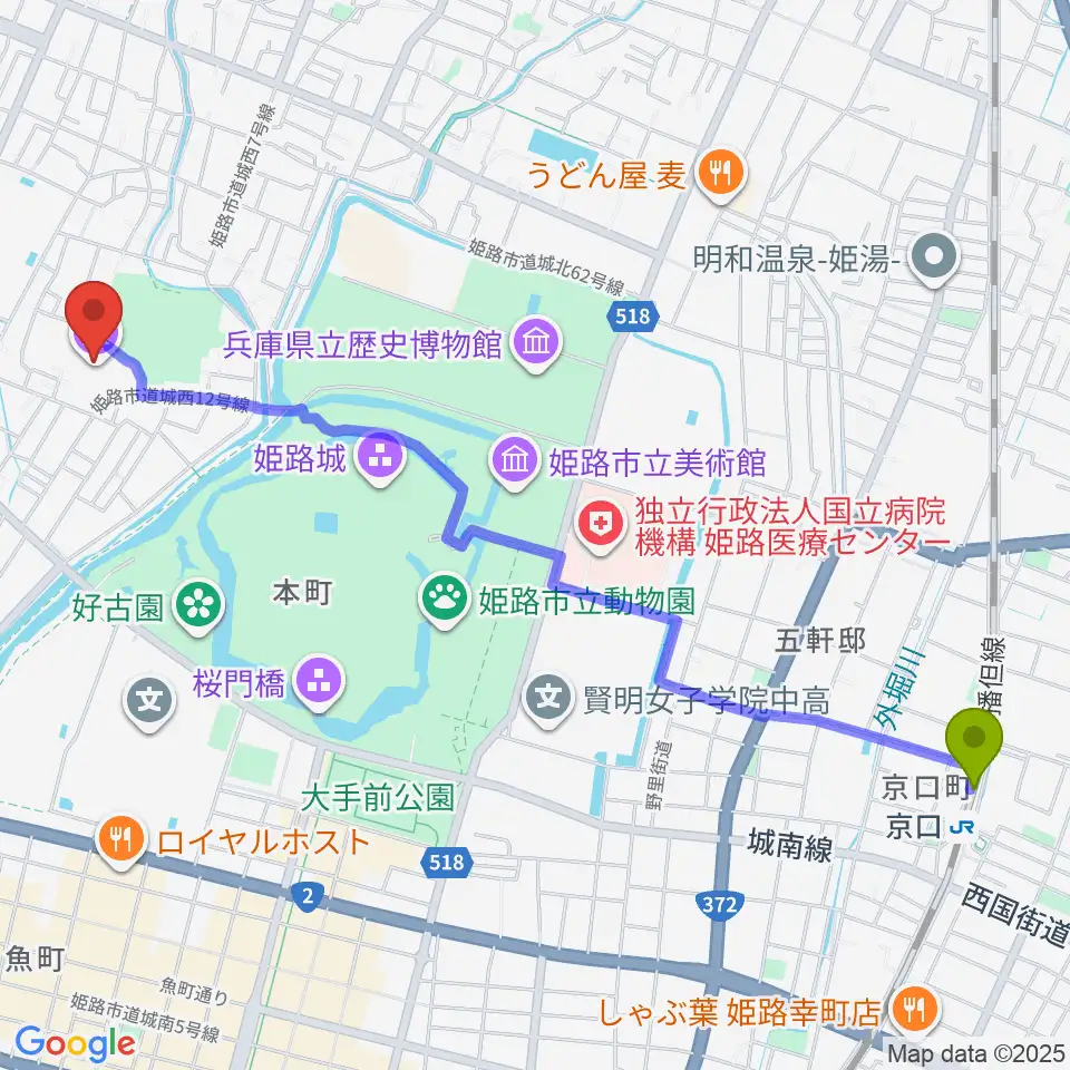 京口駅から姫路文学館へのルートマップ地図