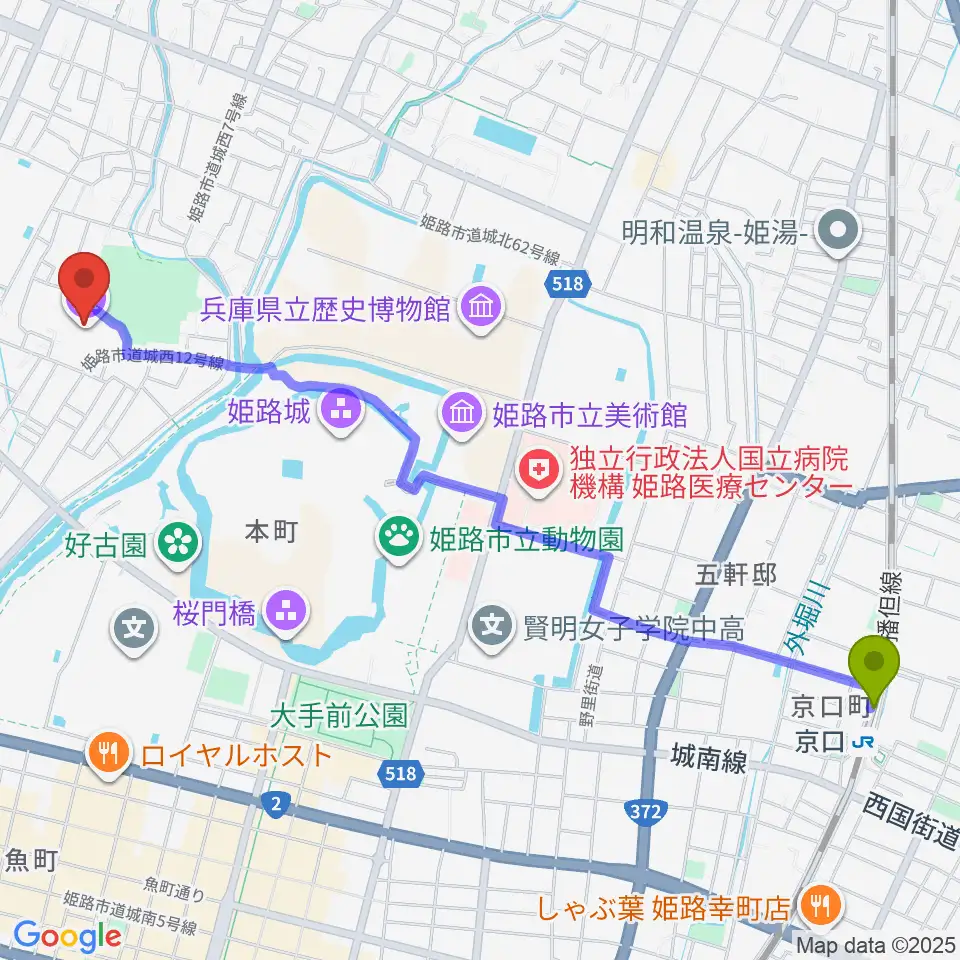 京口駅から姫路文学館へのルートマップ地図