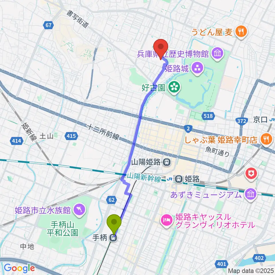 手柄駅から姫路文学館へのルートマップ地図