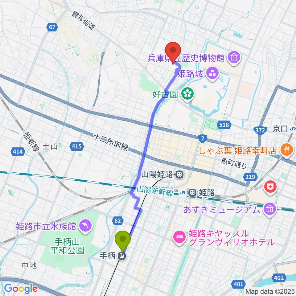 手柄駅から姫路文学館へのルートマップ地図