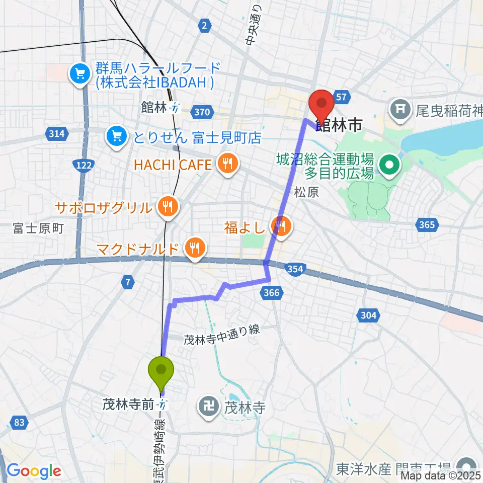 茂林寺前駅から館林市第一資料館へのルートマップ地図