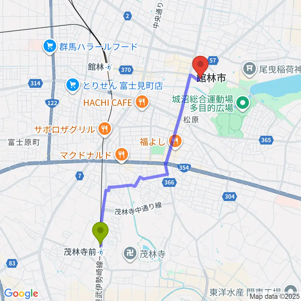 茂林寺前駅から館林市第一資料館へのルートマップ地図