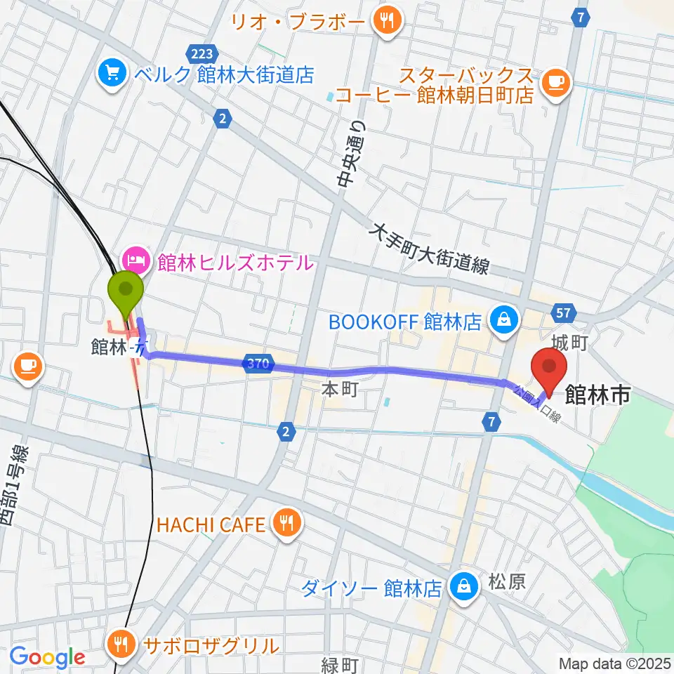 館林市第一資料館の最寄駅館林駅からの徒歩ルート（約20分）地図