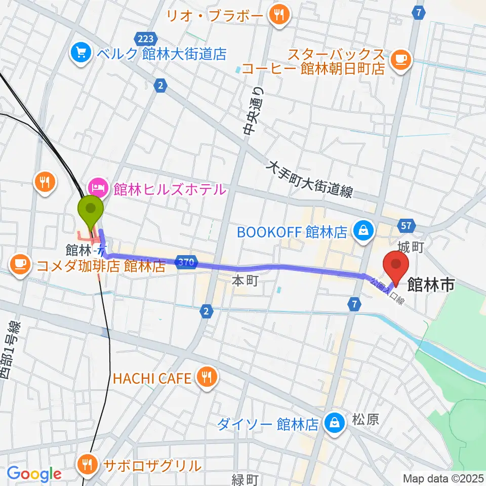 館林市第一資料館の最寄駅館林駅からの徒歩ルート（約20分）地図