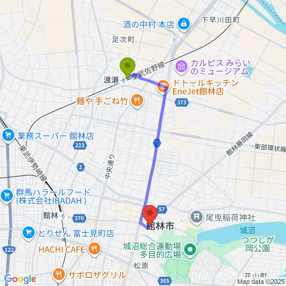 渡瀬駅から館林市第一資料館へのルートマップ地図