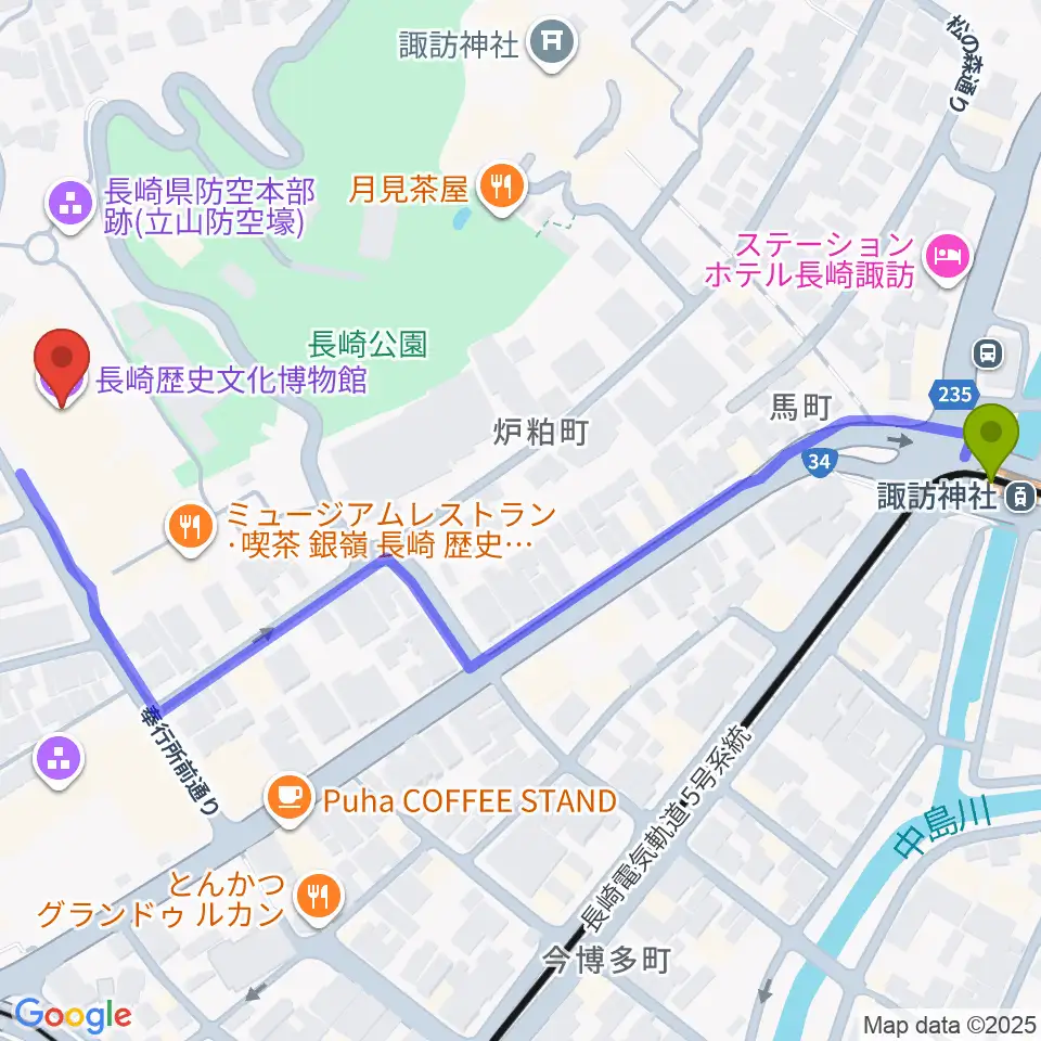 諏訪神社駅から長崎歴史文化博物館へのルートマップ地図