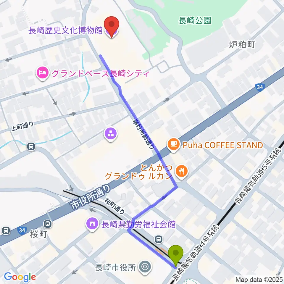 長崎歴史文化博物館の最寄駅市民会館駅からの徒歩ルート（約7分）地図