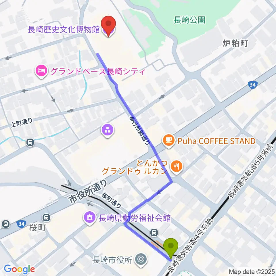 長崎歴史文化博物館の最寄駅市民会館駅からの徒歩ルート（約7分）地図