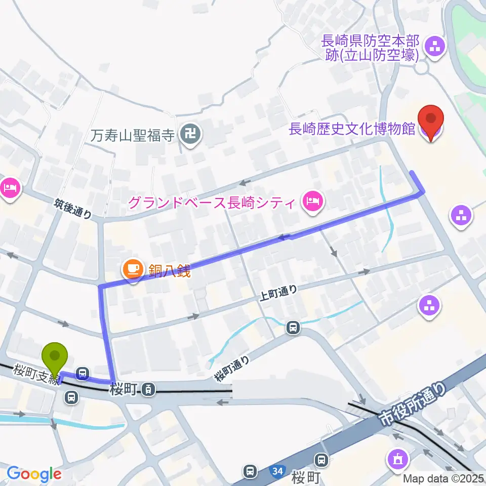 桜町駅から長崎歴史文化博物館へのルートマップ地図