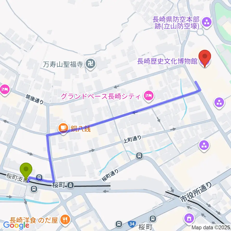 桜町駅から長崎歴史文化博物館へのルートマップ地図