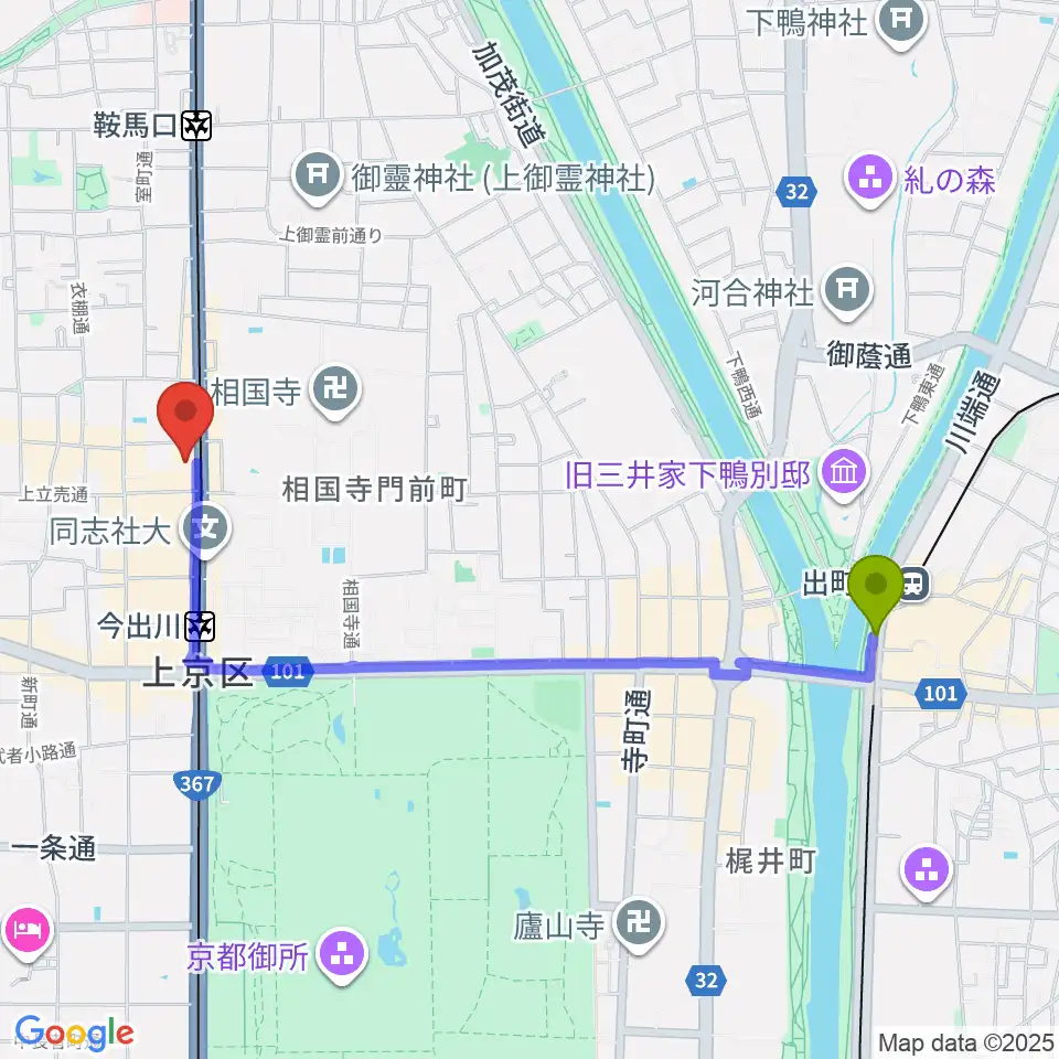 出町柳駅から京菓子資料館へのルートマップ地図