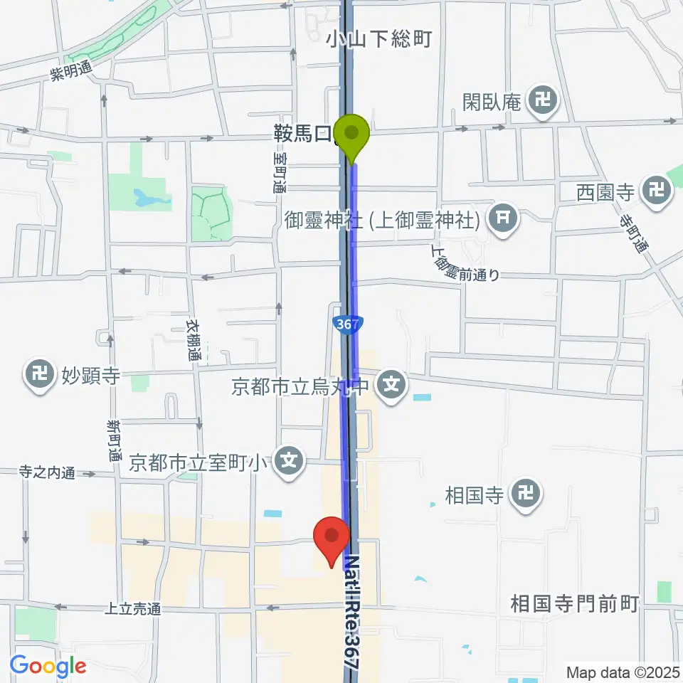 鞍馬口駅から京菓子資料館へのルートマップ地図