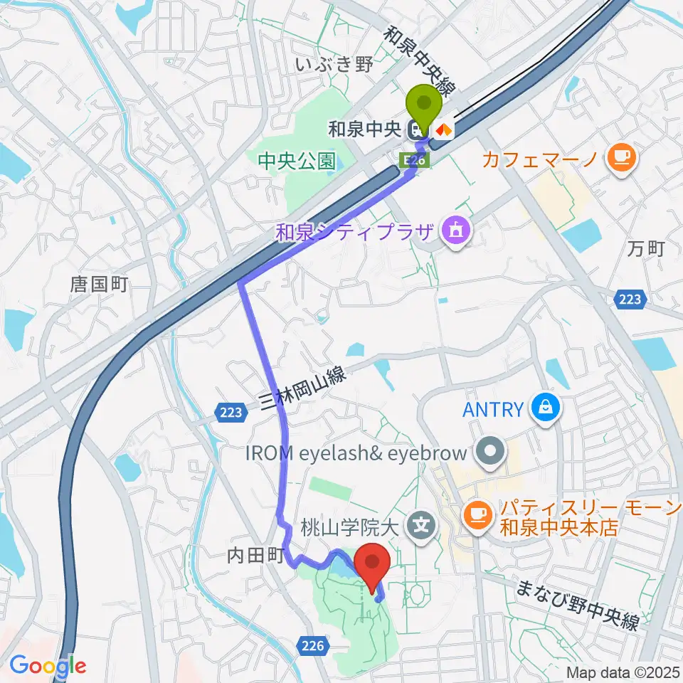 和泉市いずみの国歴史館の最寄駅和泉中央駅からの徒歩ルート（約21分）地図