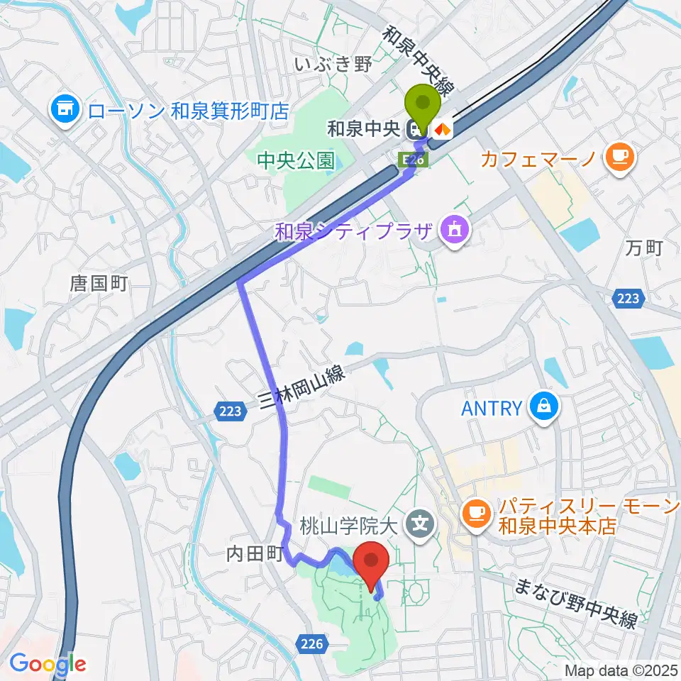 和泉市いずみの国歴史館の最寄駅和泉中央駅からの徒歩ルート（約21分）地図
