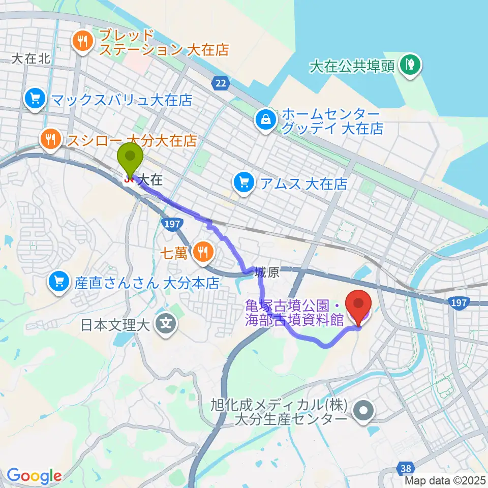 大在駅から亀塚古墳公園・海部古墳資料館へのルートマップ地図