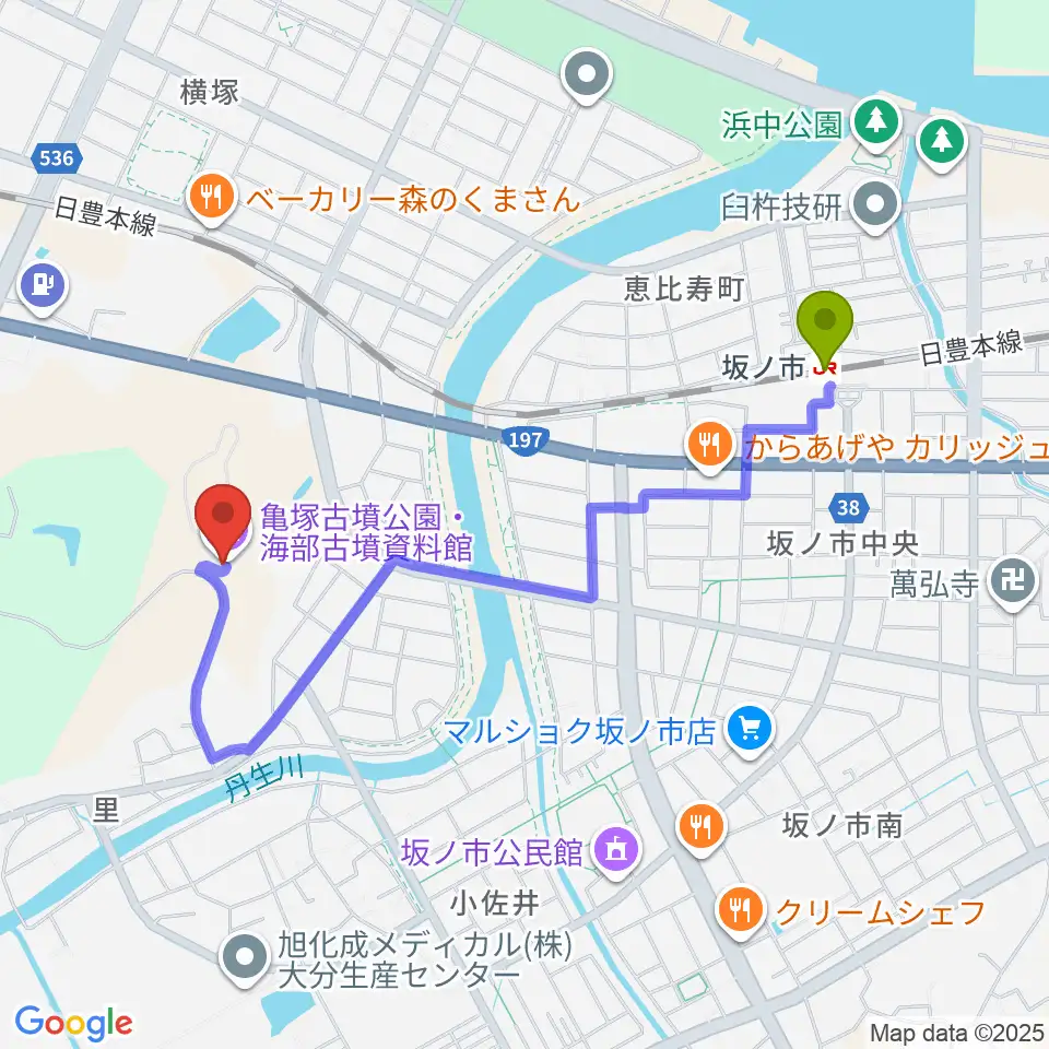 亀塚古墳公園・海部古墳資料館の最寄駅坂ノ市駅からの徒歩ルート（約19分）地図