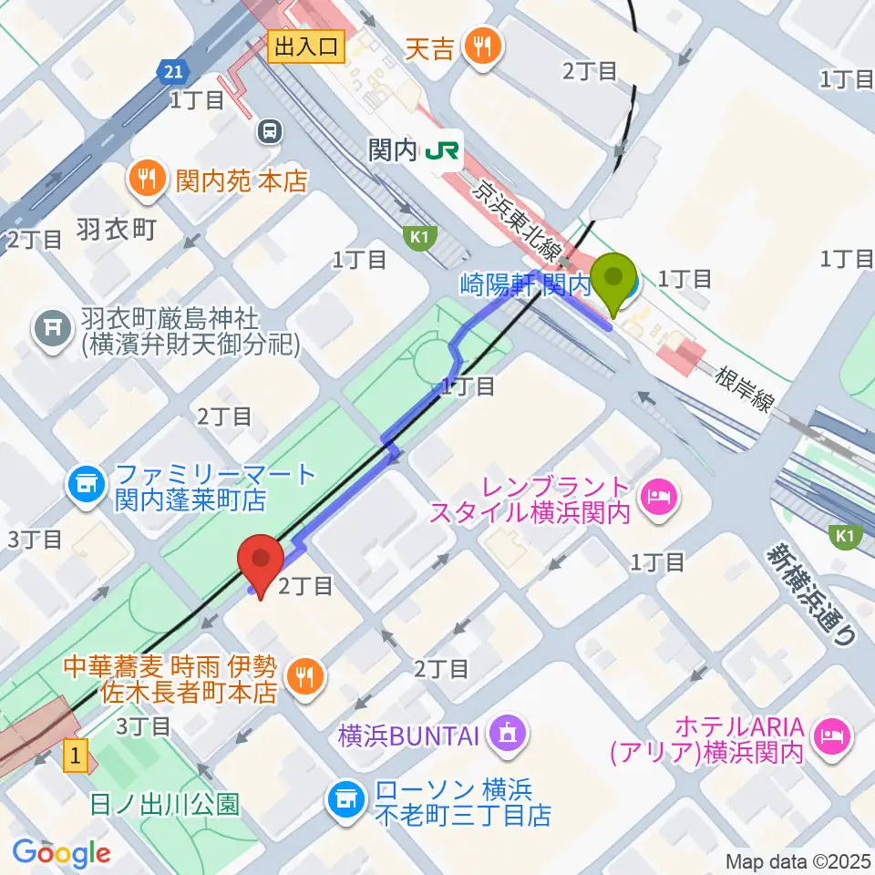 関内駅から横浜市技能文化会館 匠プラザへのルートマップ地図