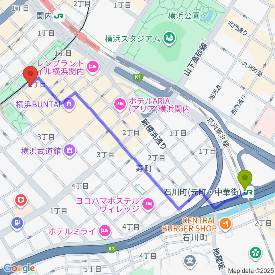 石川町駅から横浜市技能文化会館 匠プラザへのルートマップ地図