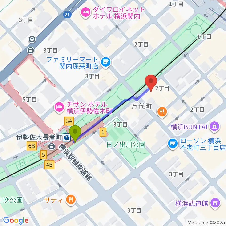 横浜市技能文化会館 匠プラザの最寄駅伊勢佐木長者町駅からの徒歩ルート（約3分）地図
