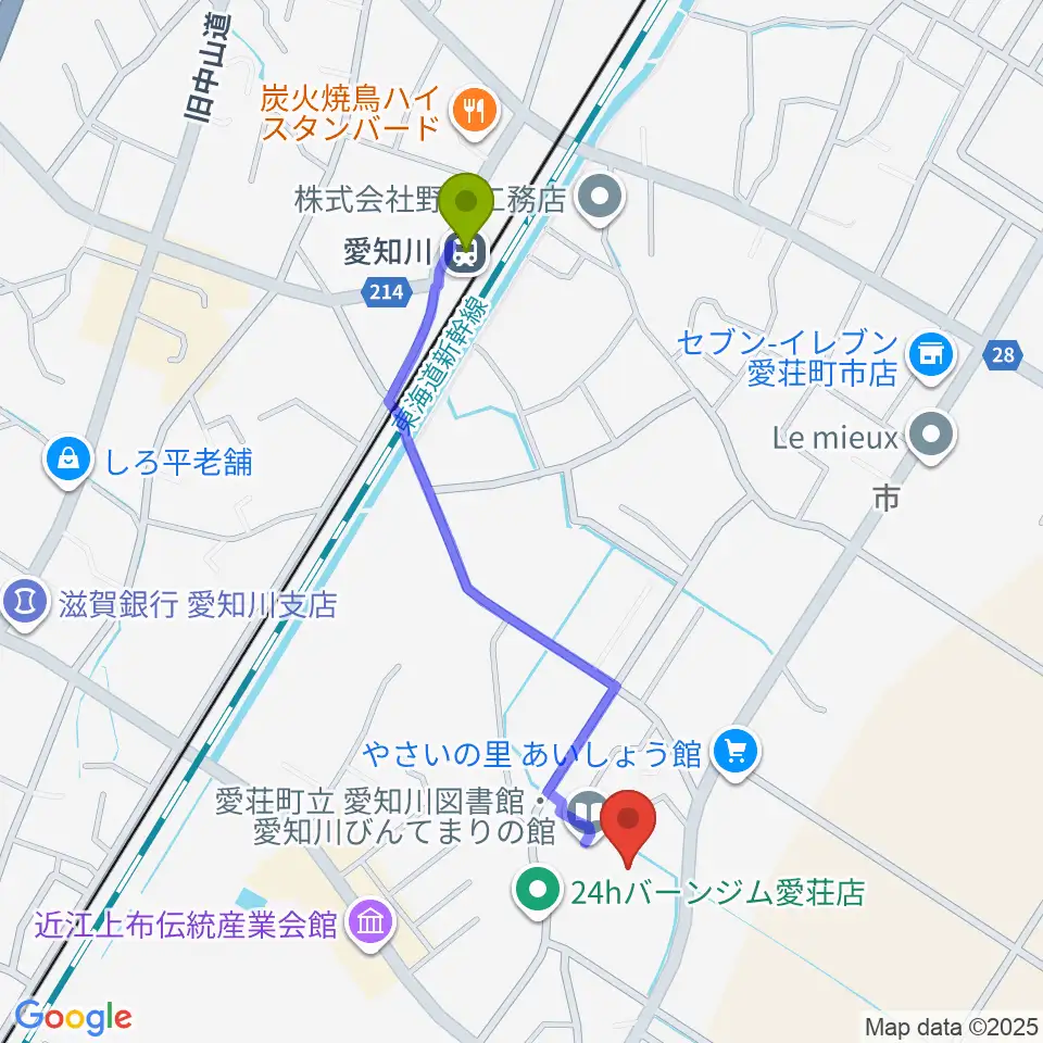 愛知川びんてまりの館の最寄駅愛知川駅からの徒歩ルート（約10分）地図