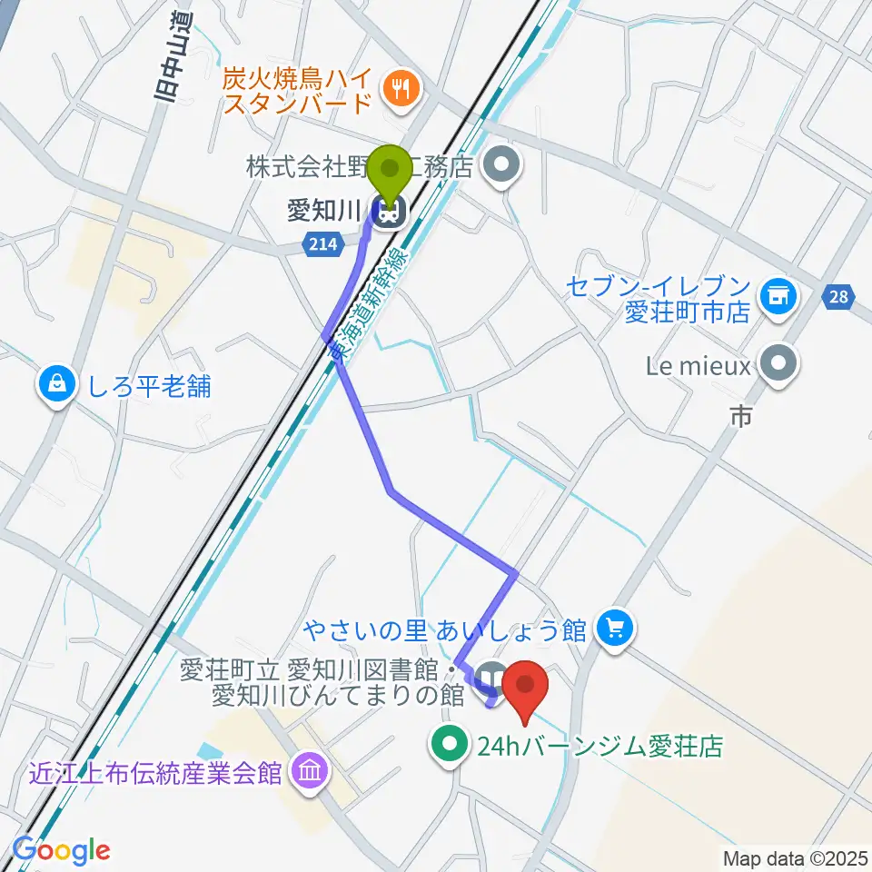 愛知川びんてまりの館の最寄駅愛知川駅からの徒歩ルート（約10分）地図