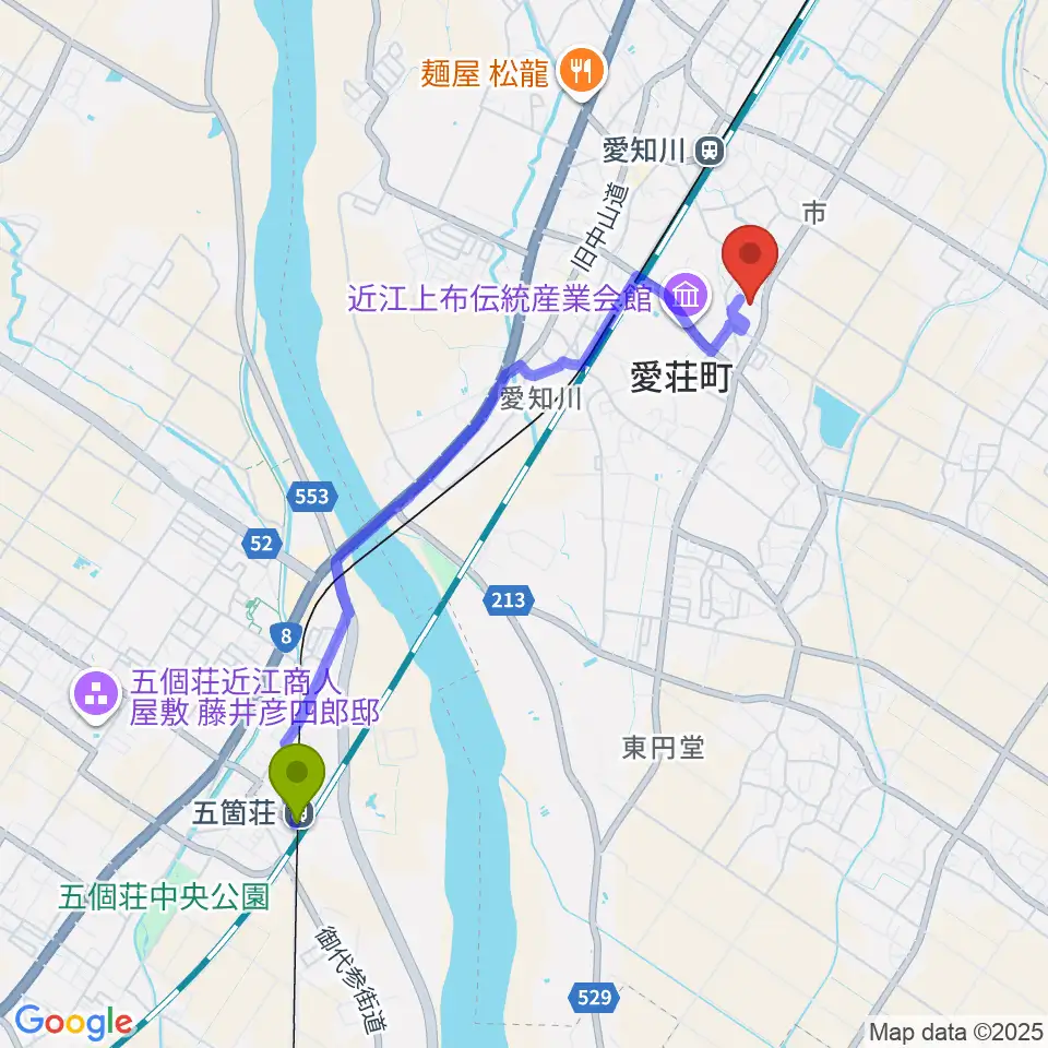 五箇荘駅から愛知川びんてまりの館へのルートマップ地図