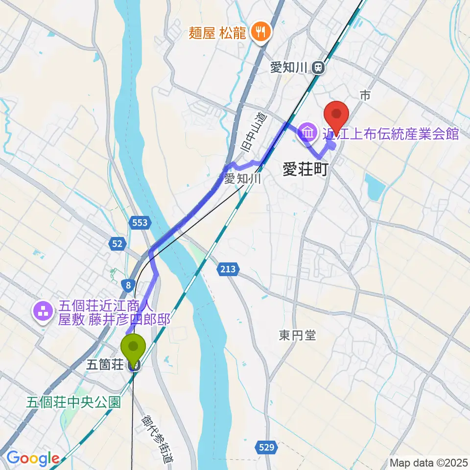 五箇荘駅から愛知川びんてまりの館へのルートマップ地図