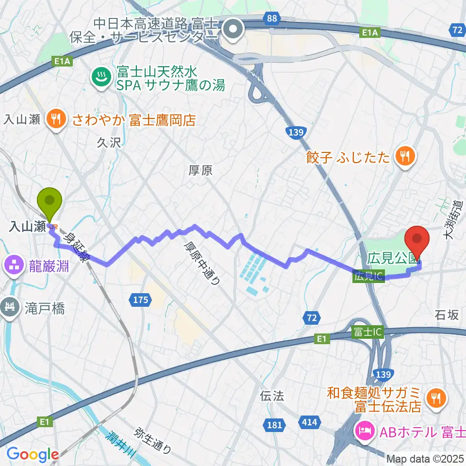 入山瀬駅から富士山かぐや姫ミュージアムへのルートマップ地図