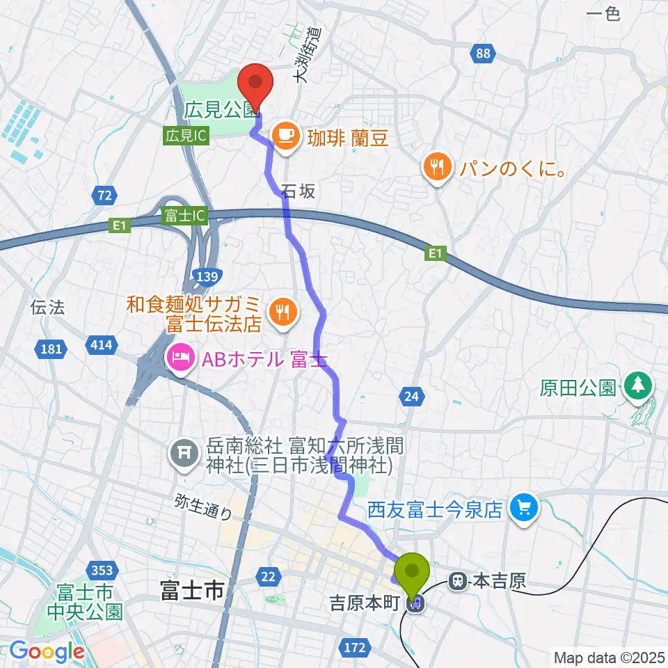 吉原本町駅から富士山かぐや姫ミュージアムへのルートマップ地図