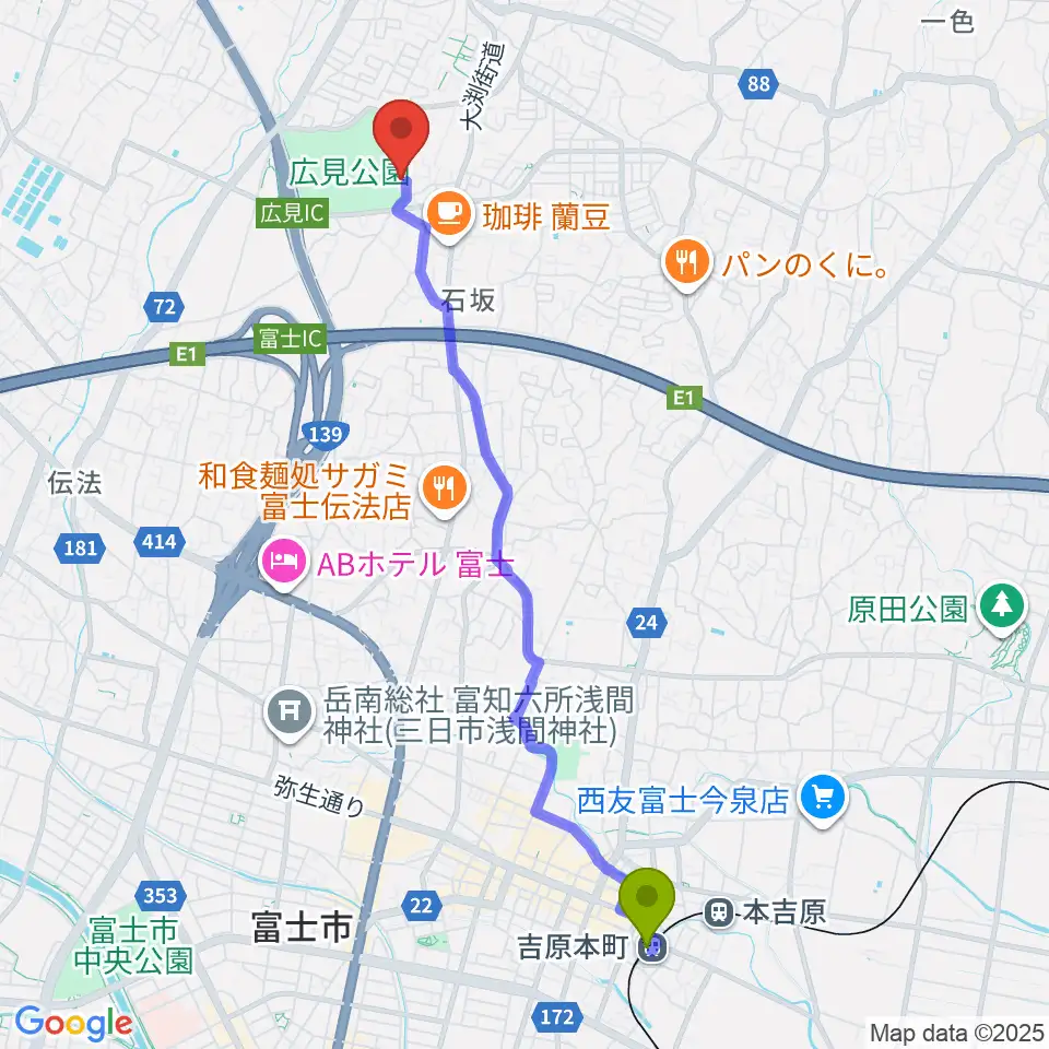 吉原本町駅から富士山かぐや姫ミュージアムへのルートマップ地図