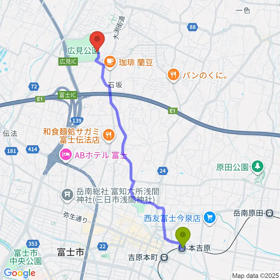 富士山かぐや姫ミュージアムの最寄駅本吉原駅からの徒歩ルート（約48分）地図