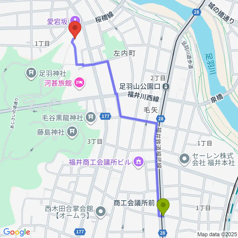 商工会議所前駅から福井市橘曙覧記念文学館へのルートマップ地図