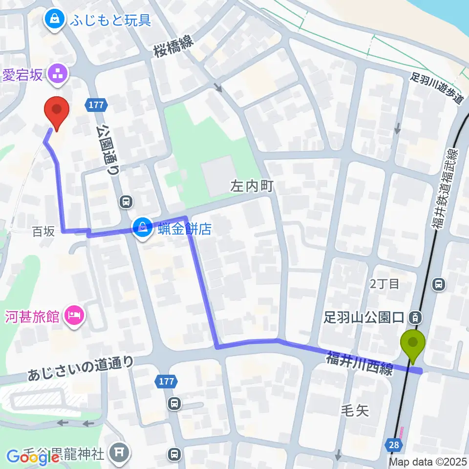 福井市橘曙覧記念文学館の最寄駅足羽山公園口駅からの徒歩ルート（約7分）地図