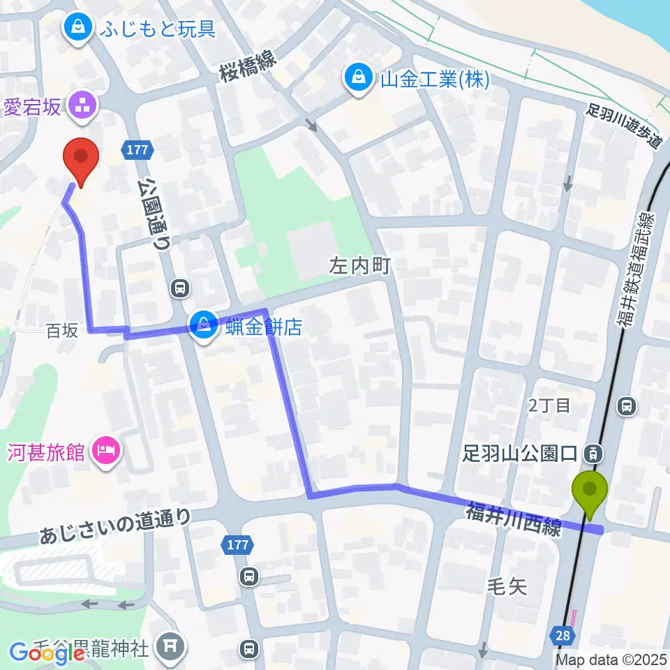 福井市橘曙覧記念文学館の最寄駅足羽山公園口駅からの徒歩ルート（約7分）地図