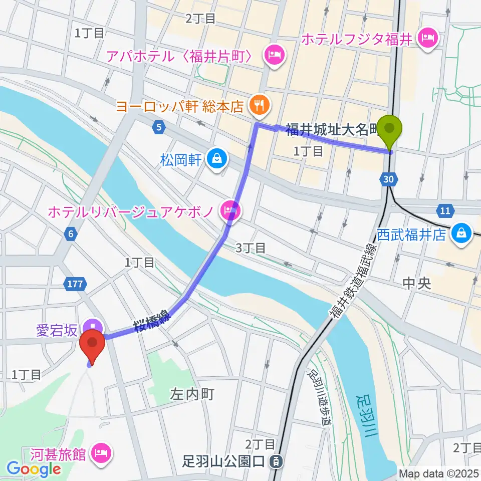 福井城址大名町駅から福井市橘曙覧記念文学館へのルートマップ地図