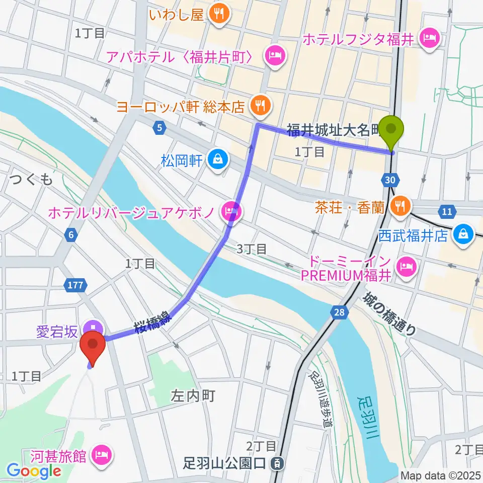 福井城址大名町駅から福井市橘曙覧記念文学館へのルートマップ地図