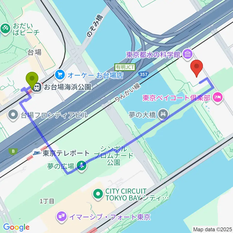 お台場海浜公園駅からSGCホール有明へのルートマップ地図
