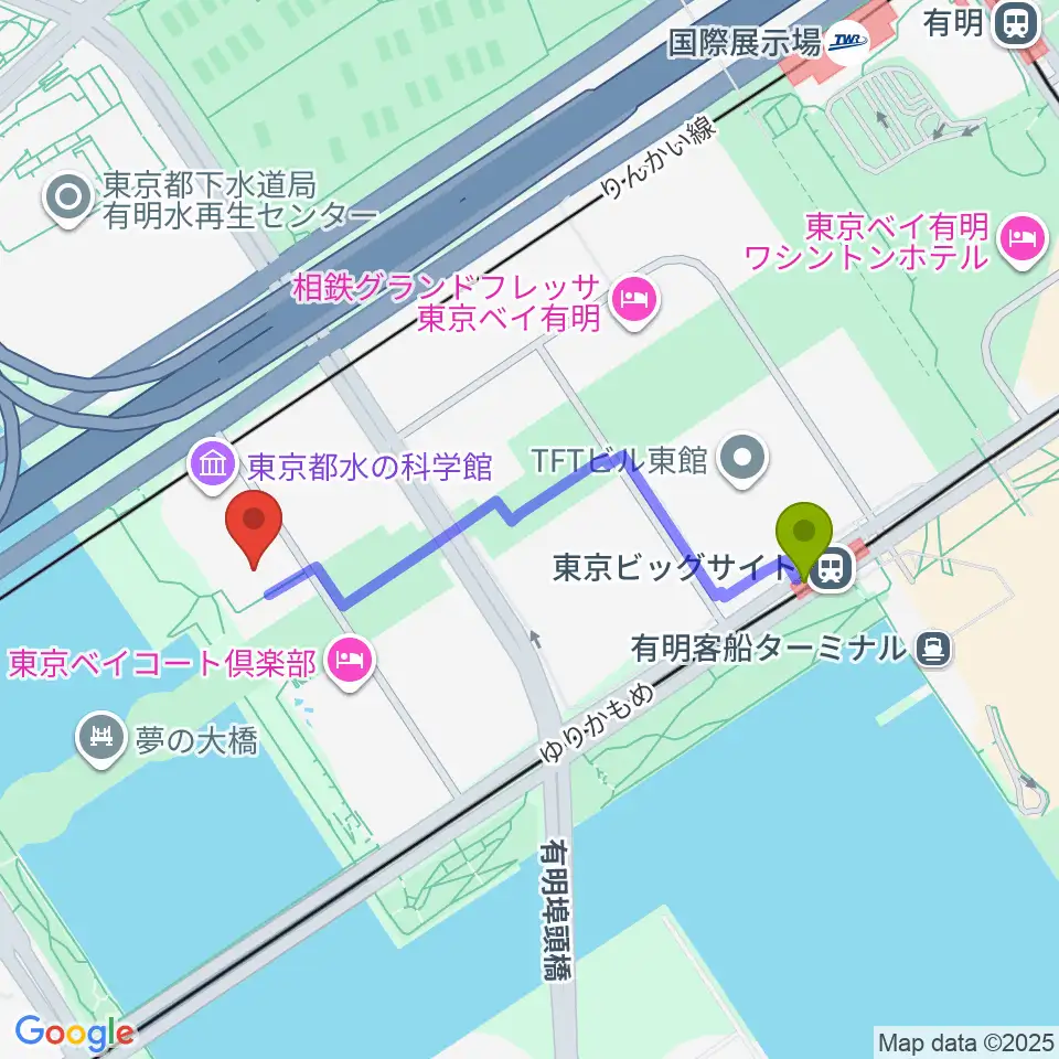 SGCホール有明の最寄駅東京ビッグサイト駅からの徒歩ルート（約8分）地図