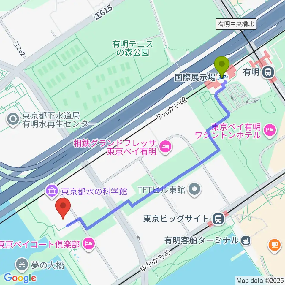 国際展示場駅からSGCホール有明へのルートマップ地図