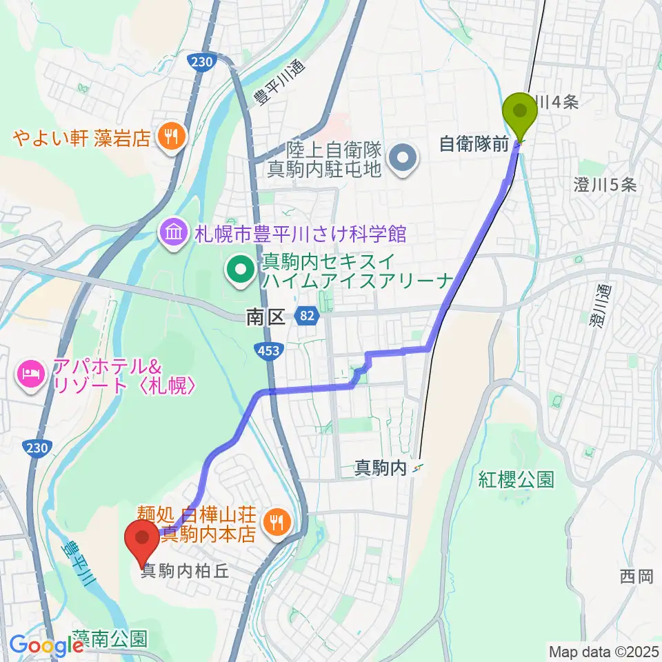 自衛隊前駅から北海道青少年会館Compassへのルートマップ地図