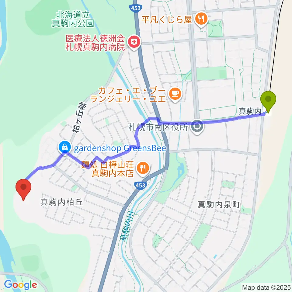 北海道青少年会館Compassの最寄駅真駒内駅からの徒歩ルート（約25分）地図