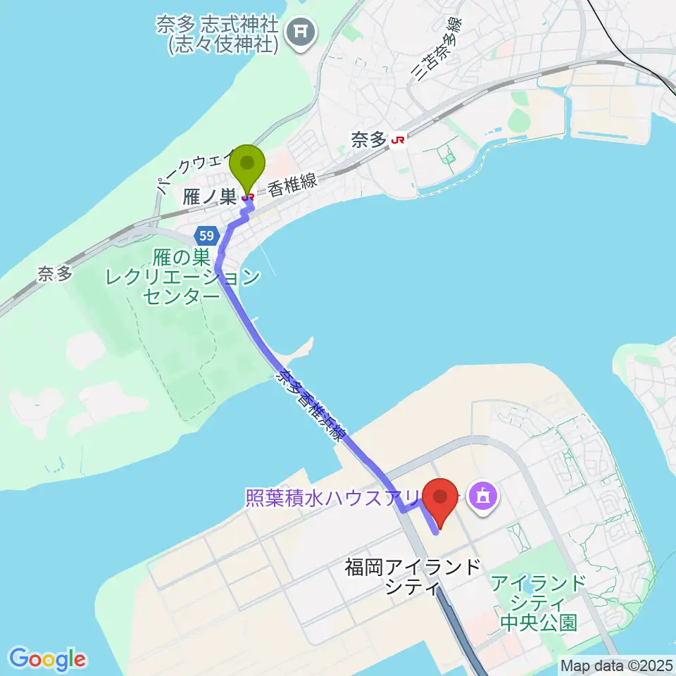 雁ノ巣駅からシアターそらとうみへのルートマップ地図