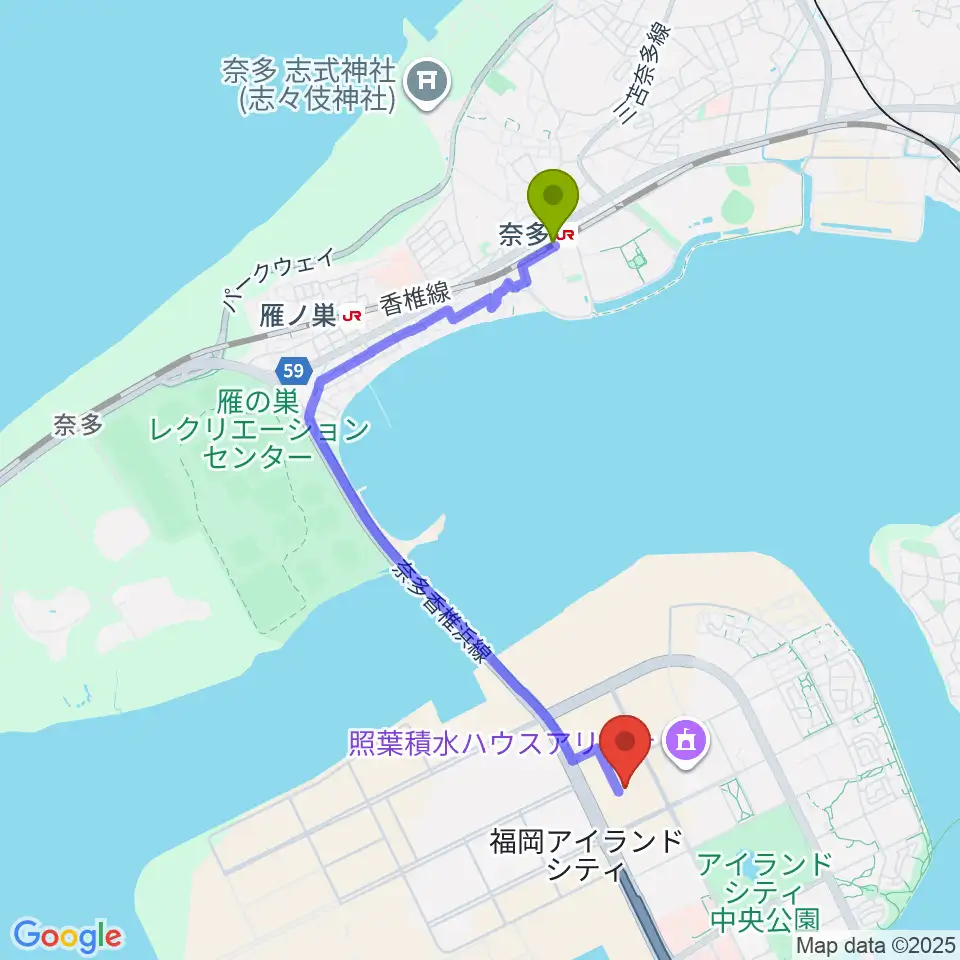 奈多駅からシアターそらとうみへのルートマップ地図