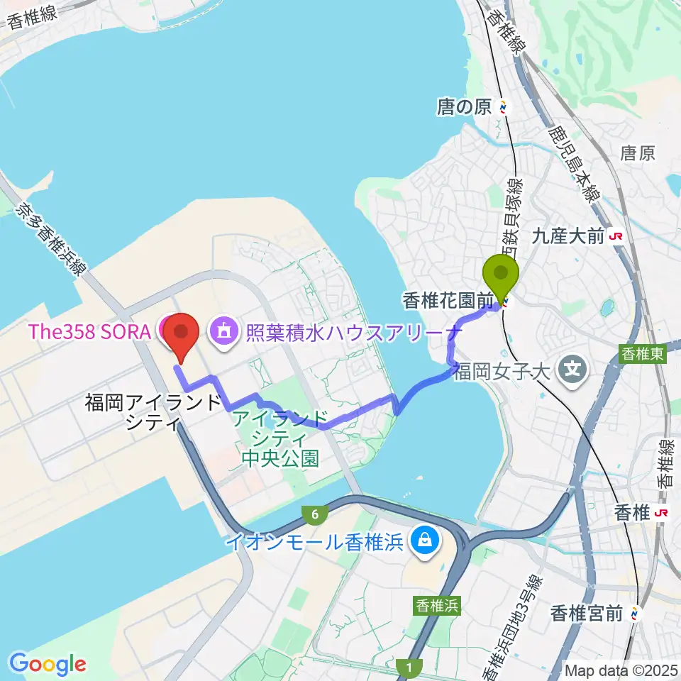 シアターそらとうみの最寄駅香椎花園前駅からの徒歩ルート（約30分）地図