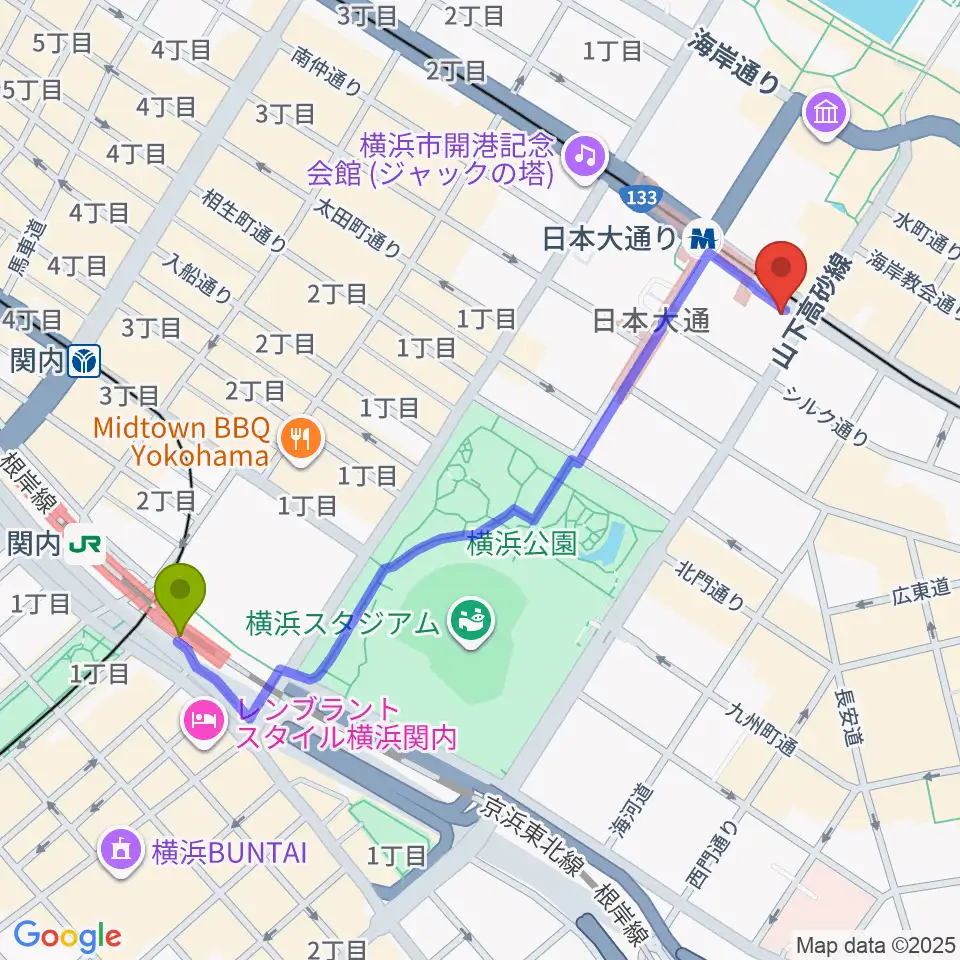 関内駅から横浜都市発展記念館へのルートマップ地図