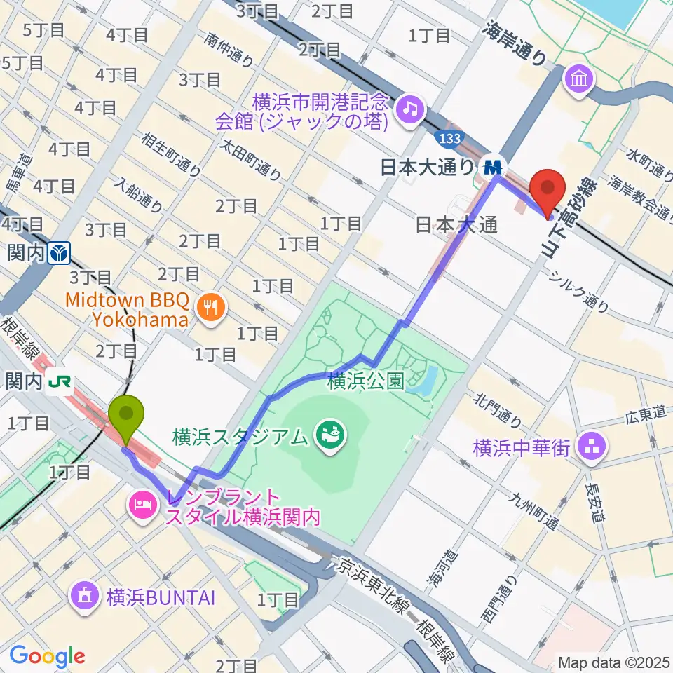 関内駅から横浜都市発展記念館へのルートマップ地図