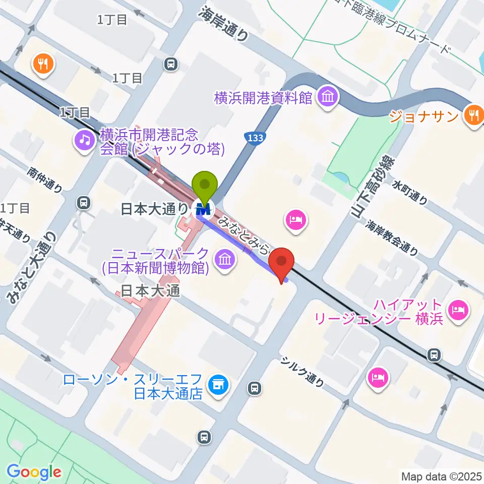 横浜都市発展記念館の最寄駅日本大通り駅からの徒歩ルート（約2分）地図
