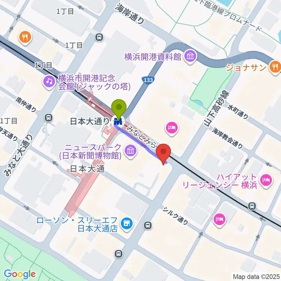 横浜都市発展記念館の最寄駅日本大通り駅からの徒歩ルート（約2分）地図